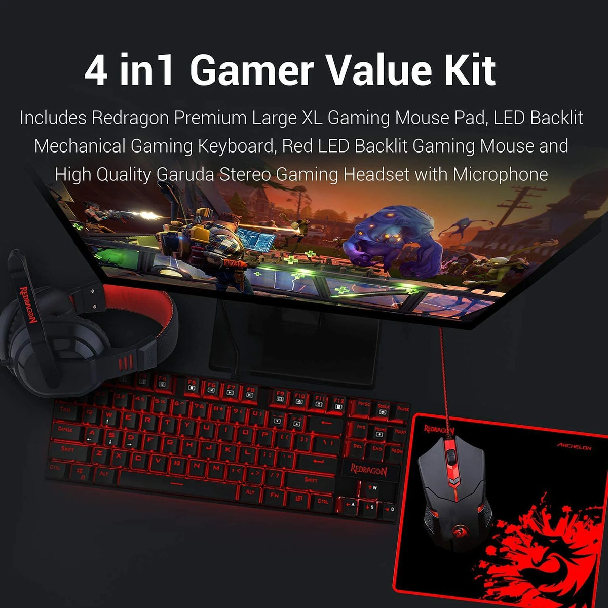Redragon K552-BB Keyboard, M601 Mouse, P001 Mousepad and H120 Headset Combo Set (4 in 1)