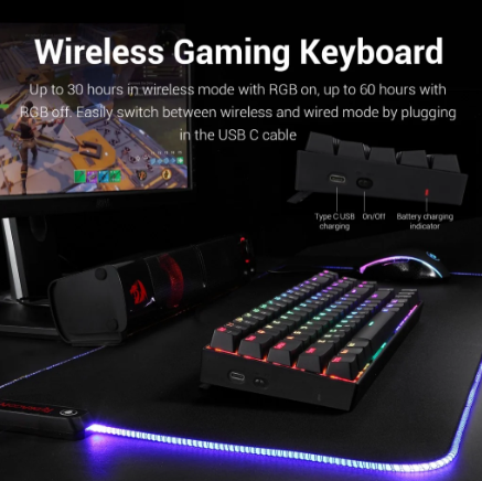 Redragon K599 KRS DEIMOS RGB Wireless Mechanical Gaming Keyboard with Red Switches (Black)