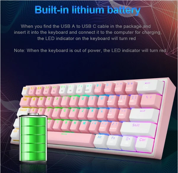 REDRAGON K616 FIZZ PRO RGB BLUETOOTH WIRELESS MECHANICAL GAMING KEYBOARD 61 KEYS, RED SWITCHES (GREY WHITE)