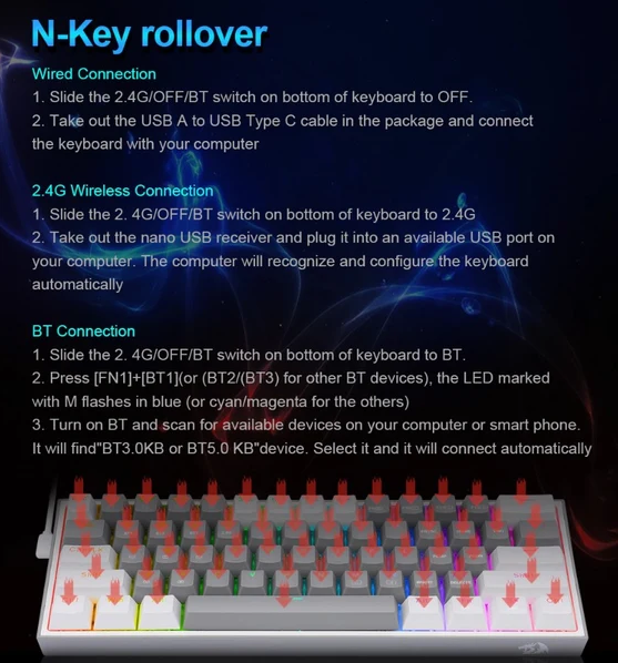REDRAGON K616 FIZZ PRO RGB BLUETOOTH WIRELESS MECHANICAL GAMING KEYBOARD 61 KEYS, RED SWITCHES (GREY WHITE)