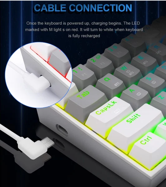 REDRAGON K616 FIZZ PRO RGB BLUETOOTH WIRELESS MECHANICAL GAMING KEYBOARD 61 KEYS, RED SWITCHES (GREY WHITE)